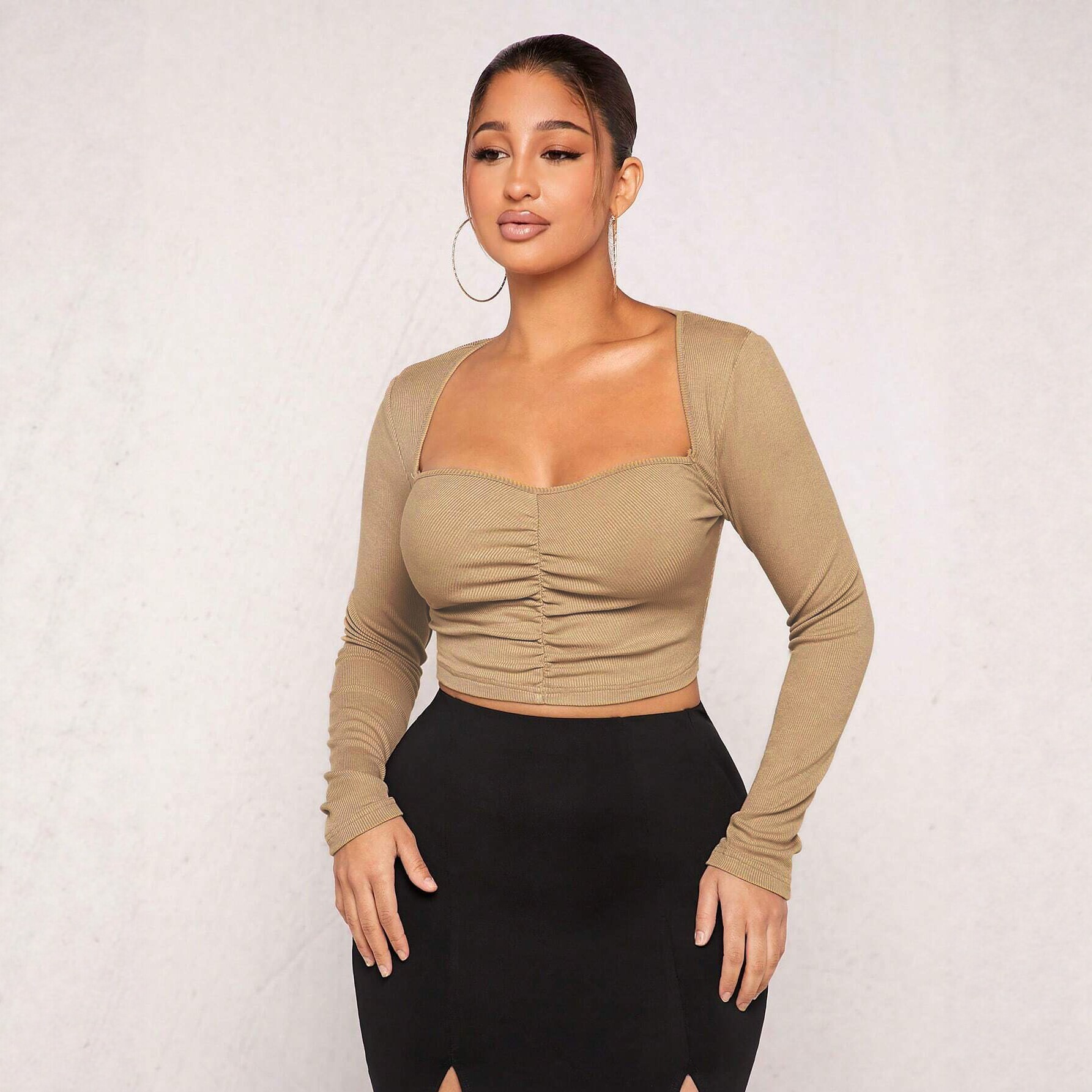 Vintage Square Neck Long Sleeve T Shirt Slim Fit Pleated Design Knitted Fabric Casual Wear Spring Fall Wholesale