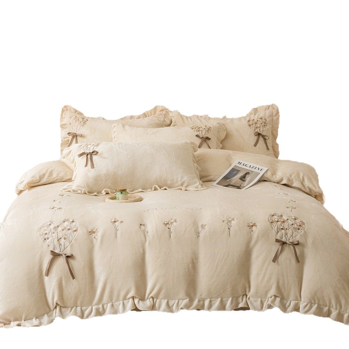 Korean Lace Milk Velvet Four-Piece Winter Thickeneded Warm Butterfly Quilt Cover Coral Velvet Girly Heart Lace Bedding