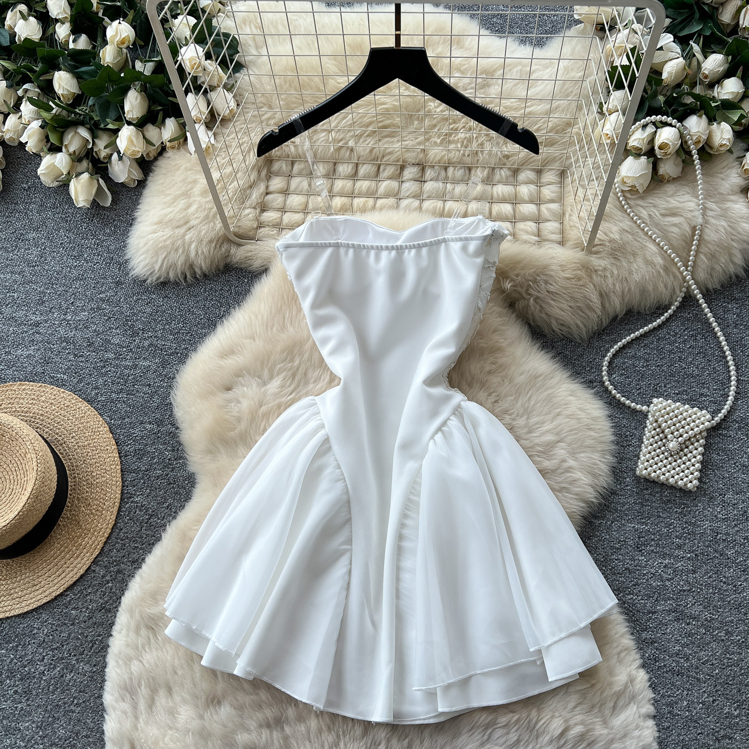 White Strapless A Line Dress for Women High Waist Slim Fit Lace Puff Skirt Summer Formal Wear Wholesale Available