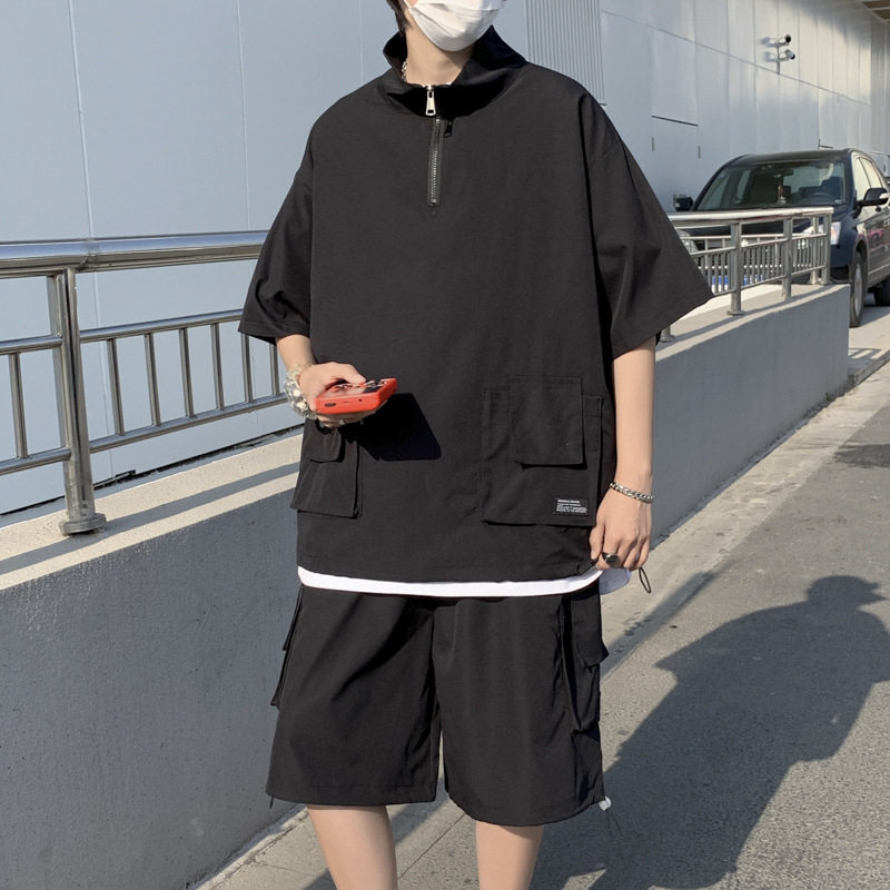 潮流情侣装短袖拉链T恤套装痞帅男士春夏季ins潮牌宽松工装衣服