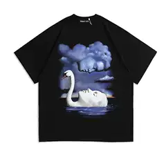 2024 New Summer Style Love Swan Pure Cotton Short-Sleeved European and American High Street Hip-Hop Loose Large Size Men's and Women's T-Shirts Couple Wear