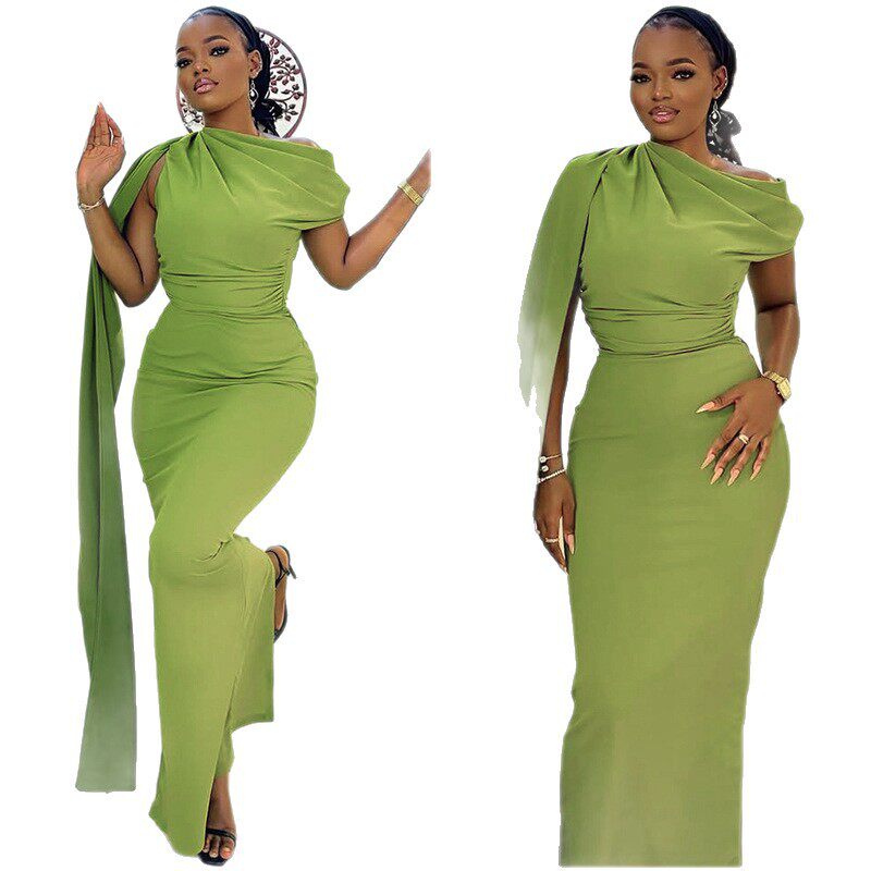 Elegant Womens Midi Dress Slim Fit Ruffled Asymmetrical Neckline Solid Color Tie Detail Perfect for Formal