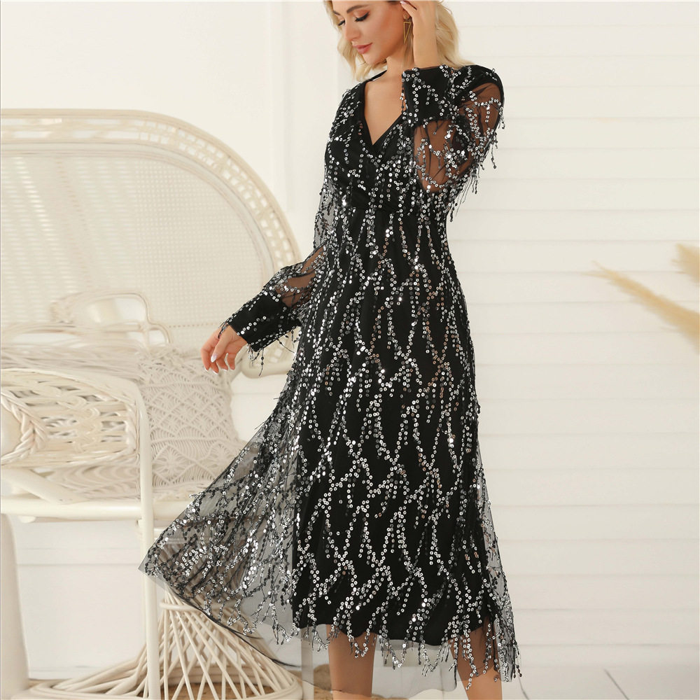Long Sleeve Sequin Fringe Maxi Dress for Women Elegant Spring Summer Style Perfect for Parties and Events Wholesale