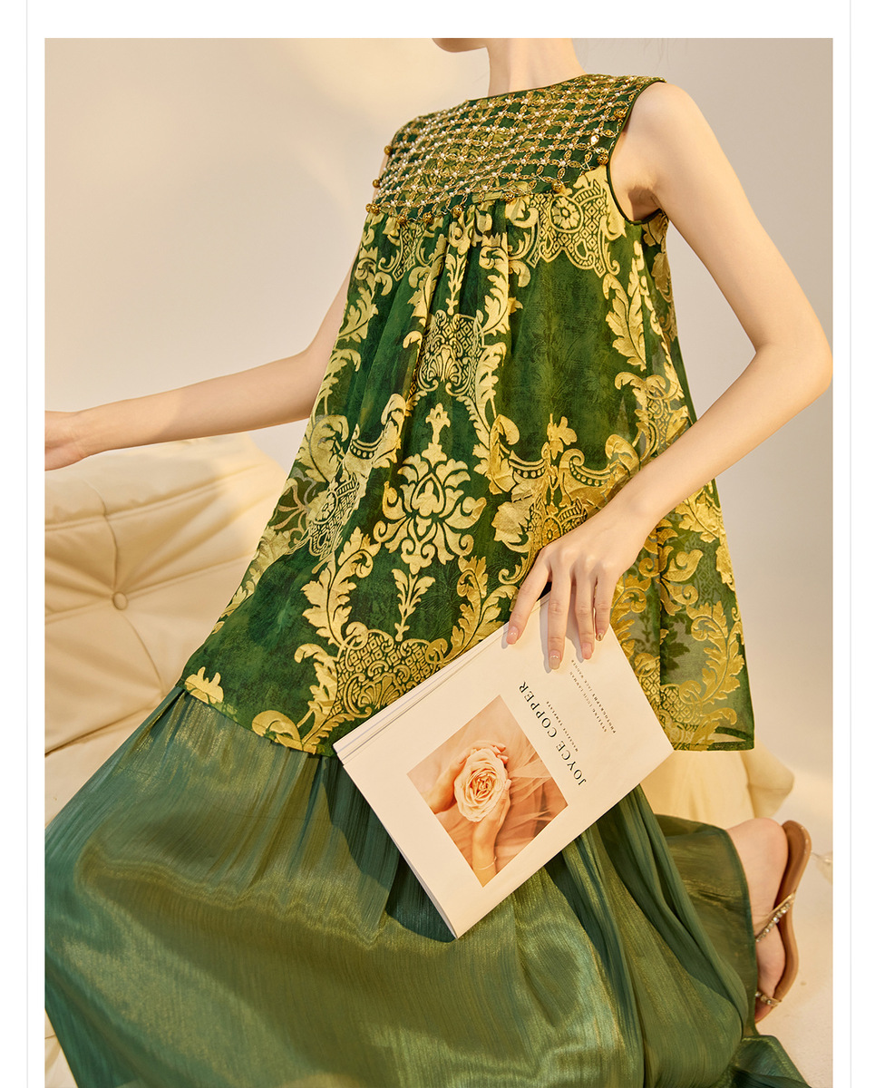 Đầm maxi nữ dài không tay cổ tròn đính cườm thêu hoa dáng tiên nữ — màu vàng kim, Xanh lá cây