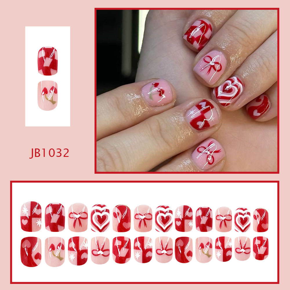 24 Pieces of Short Square Nails, Red and Pink Girly Multi-Layered Heart Bows, Heart Cherry Wearable Nails, Export Nail Art Pieces