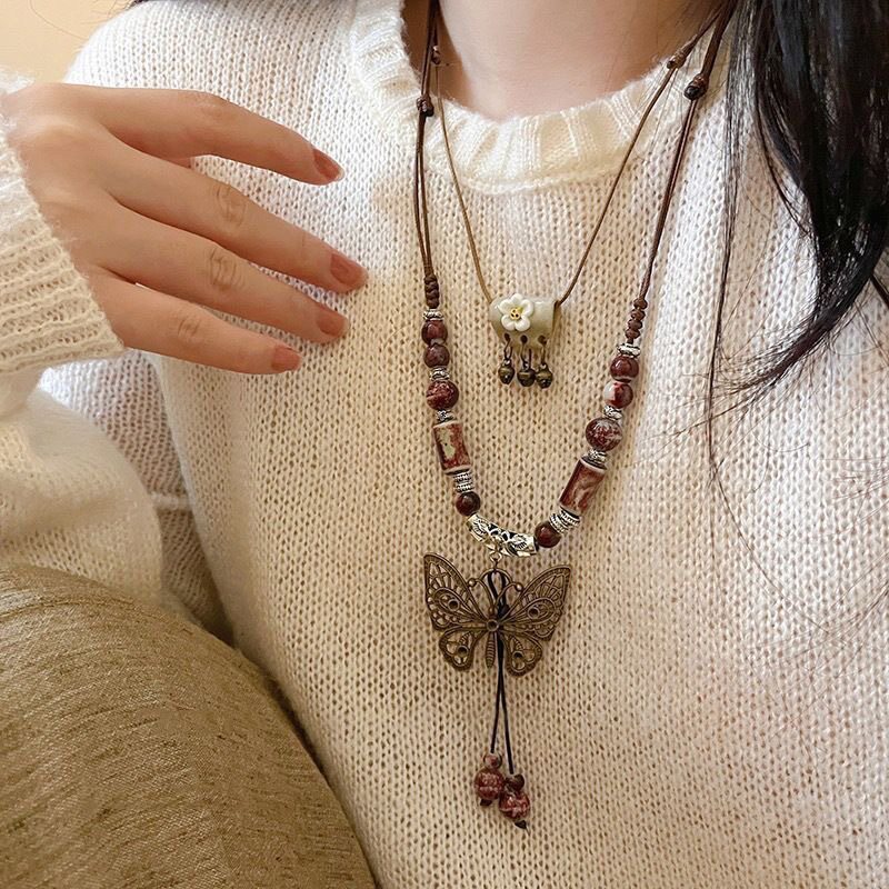 Colorful Ethnic Style Ceramic Butterfly Bell Pendant Woven Necklace Women's Accessories Retro Chinese Style Long Sweater Chain