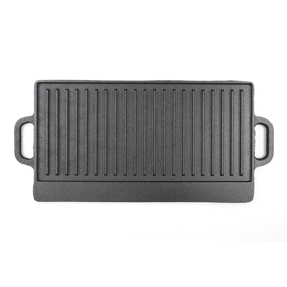 Cast Iron Pan Outdoor Barbecue Meat Frying Pan 202 Stripes Rectangular Double-Sided Iron Plate Double-Eared Barbecue Pan Flat Grill Pan