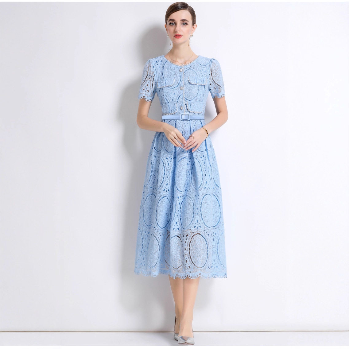 French Elegant Beaded Round Neck Short Sleeve Lace Dress Hollow Out Waist Tie Chic Design Perfect for Parties and
