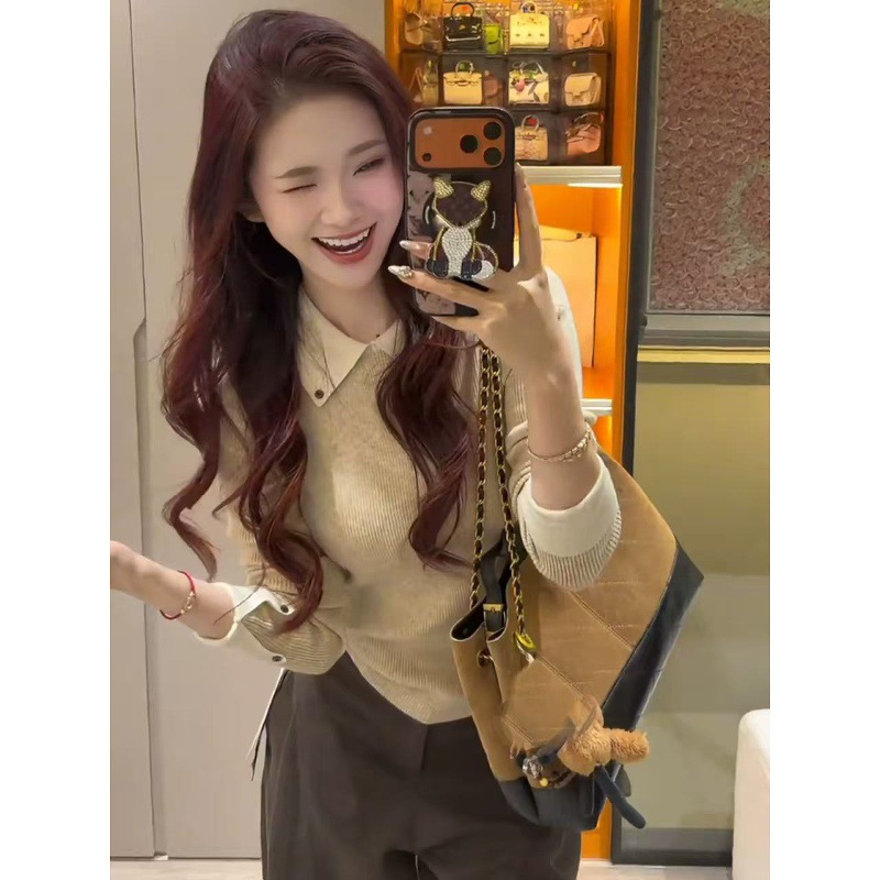 2025 Autumn Polo Collar Fake Two-Piece Fashionable Slimming Look Bottoming Shirt Top Wool Knitwear for Women