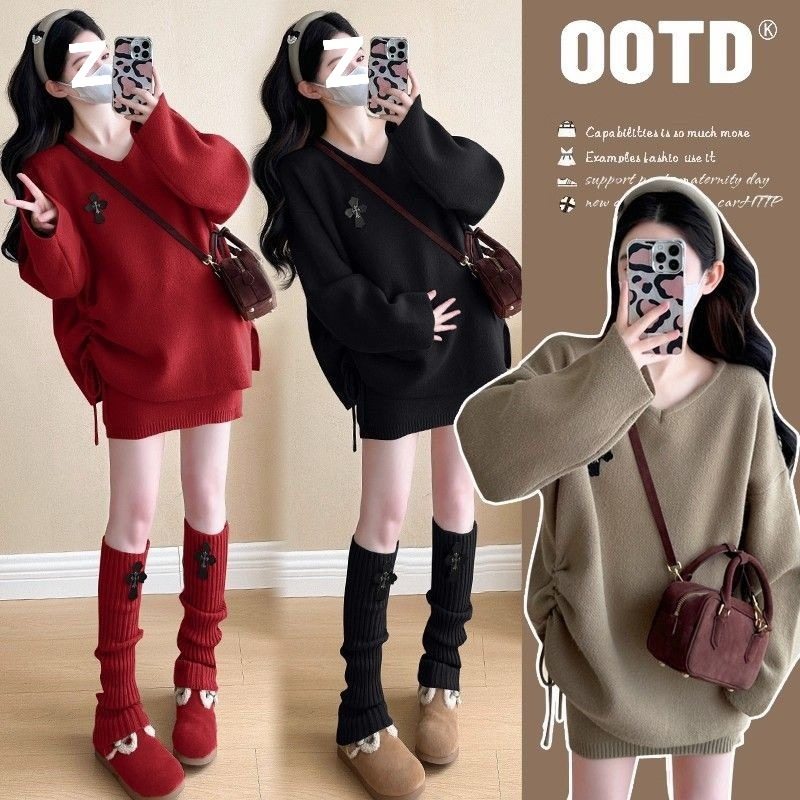 Mommy~ Maternity Suit Autumn and Winter Knitted Drawstring Sweater Top Petite Skirt with Socks Manufacturer