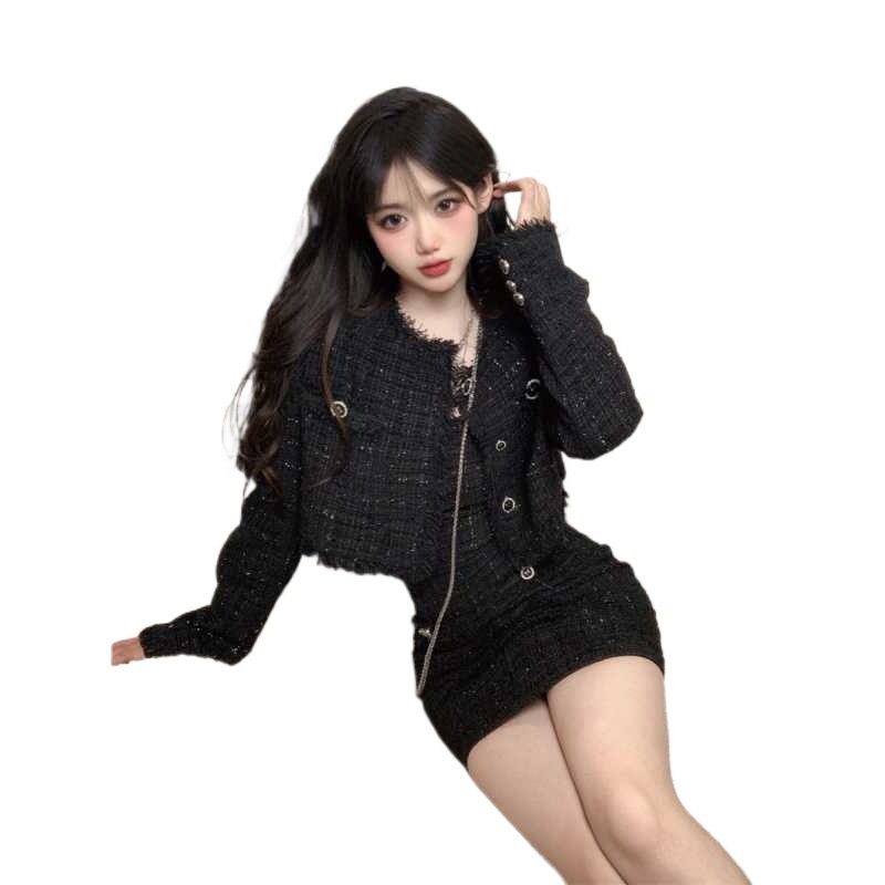 Sexy Little Fragrance Fashion Suit for Women, Spring and Autumn Design, Slim-Fitting Short Jacket, Suspender Dress, Two-Piece Set