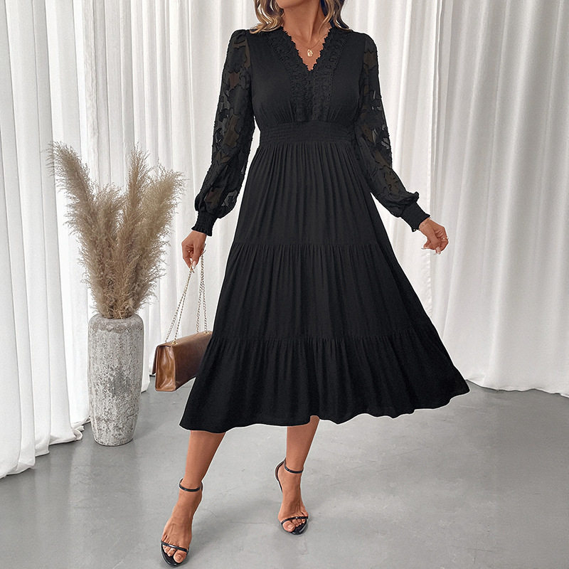 Elegant V Neck Lace Long Sleeve Dress Waist Defining Solid Color Perfect for Formal Events Wholesale Available