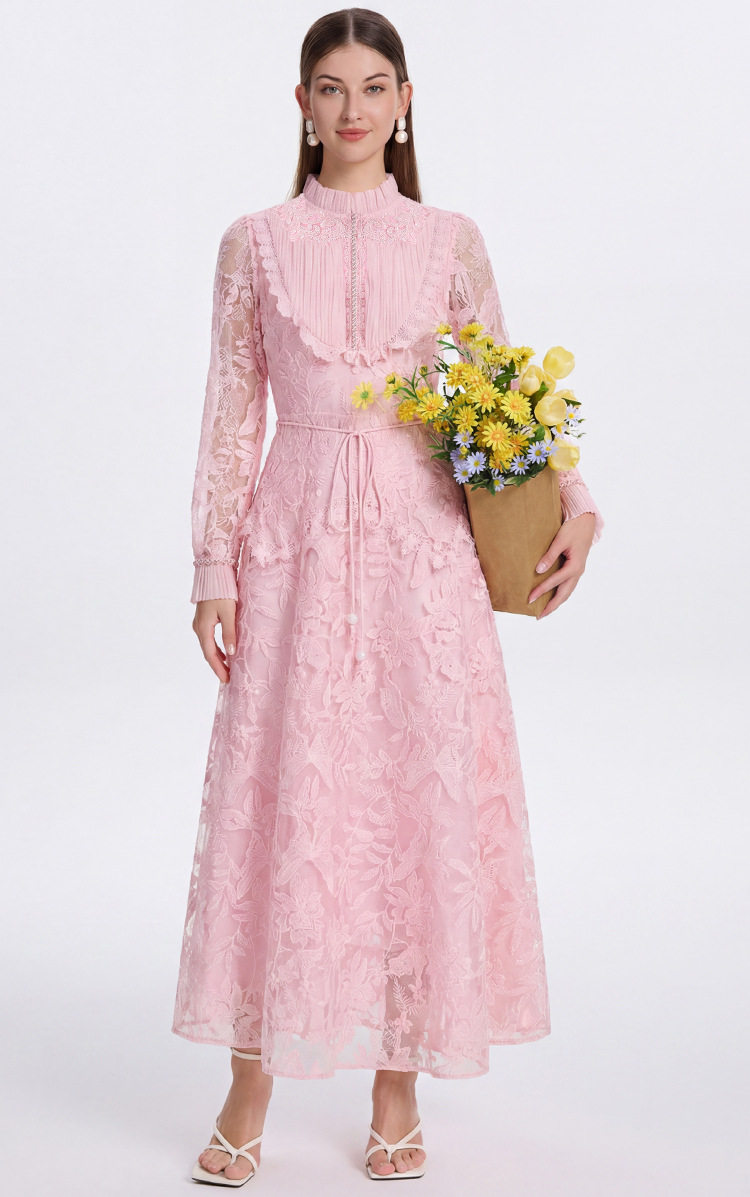 Embroidered Mesh Panel Dress Pleated Design Beaded Details Elegant Waist Belt Formal Occasion Customizable Options