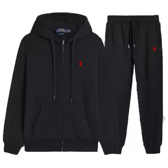 Cross-Border Rl Trendy Brand Embroidered Pony Logo Fleece Zip-Up Sweatshirt Men's Autumn and Winter Hooded Sweatshirt Set
