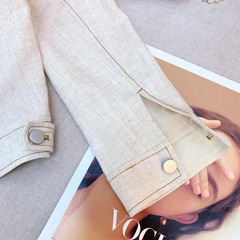 Áo khoác denim nữ dáng ngắn chất liệu vải lanh phong cách thanh lịch — Màu be nhạt