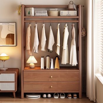Nordic Solid Wood Coat Rack with Drawer Modern Simple Bedroom Bedside Table Clothes Hanger Integrated Home Floor-Standing Clothes Hanger