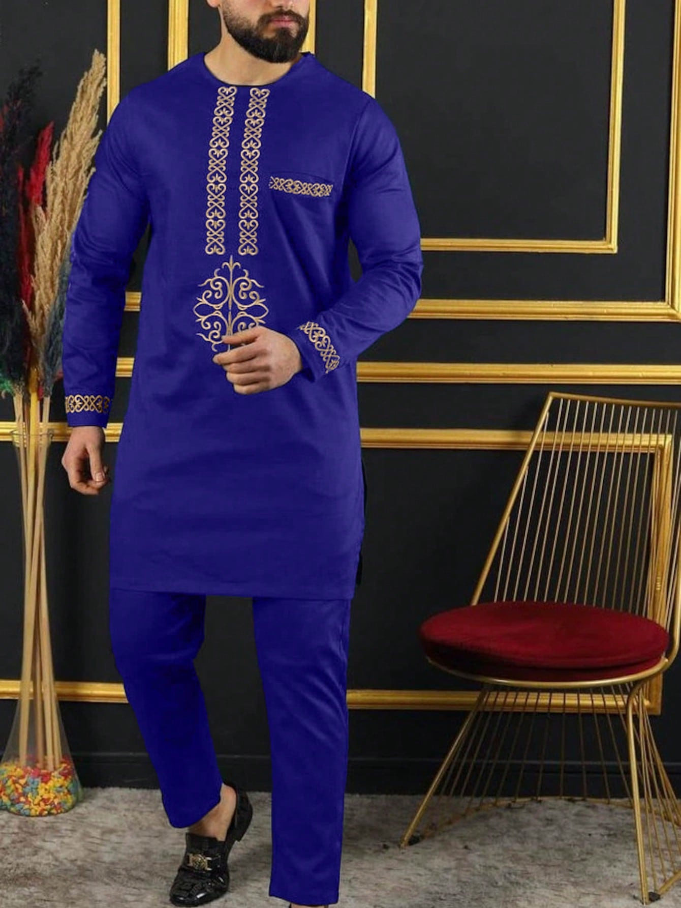 传统外贸非洲风格男士结婚新西装2件套圆领长袖上衣加裤子外贸