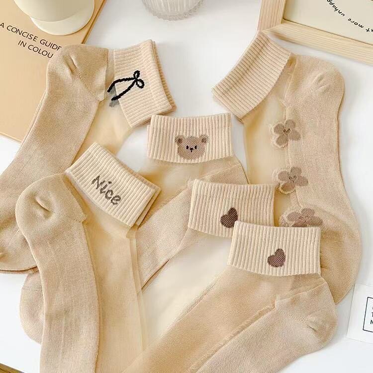 袜子女春夏水晶丝袜短筒船袜棉底吸汗透气卡通ins透明女士丝袜