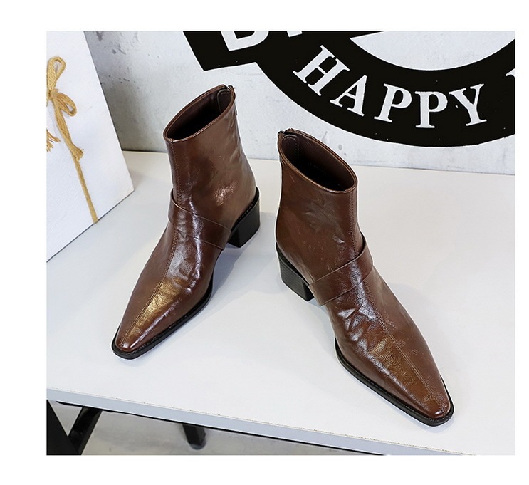Boot nữ cổ thấp gót vừa mũi nhọn khóa kim loại phong cách Âu Mỹ — Lớp lót nhung đen, Lớp lót nhung màu nâu sẫm, Màu đen, Màu nâu đậm