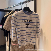 In-Stock High Version Prada Spring/Summer High-End Top with Elegant Striped Round Neck, Chanel-Style Slim-Fit Knit Sweater T-Shi