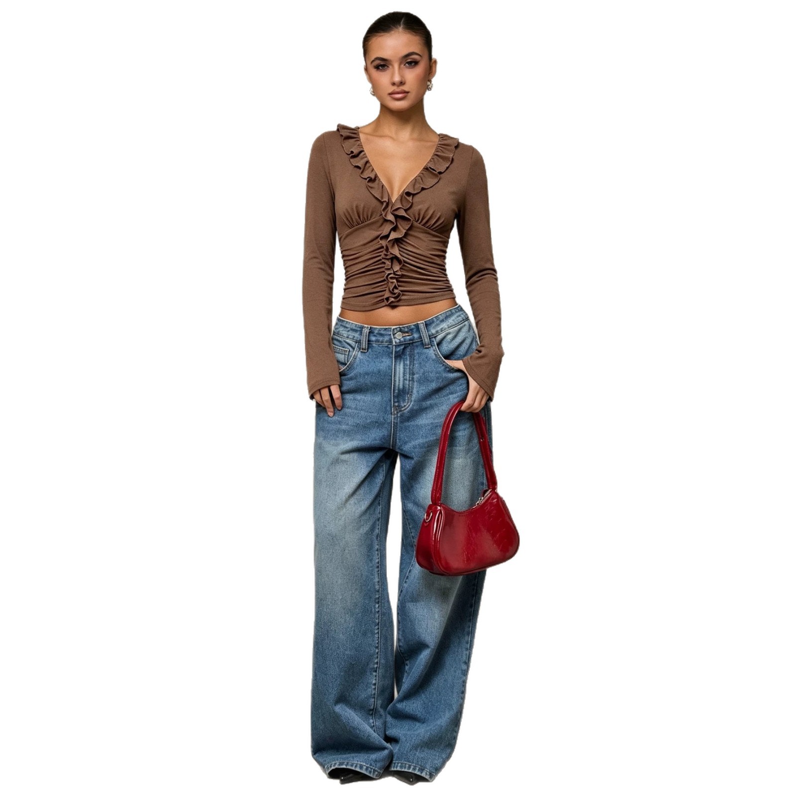V Neck Ruffle Hem T Shirt Womens Slim Fit Long Sleeve Gathered Waist Autumn Winter Casual Top OEM Available