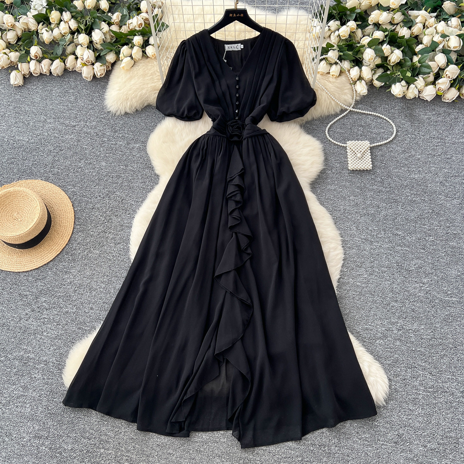 French Elegant V Neck Puff Sleeve Floral Waist Defined Ruffle Chiffon Maxi Dress Sophisticated Style for Special Occasions