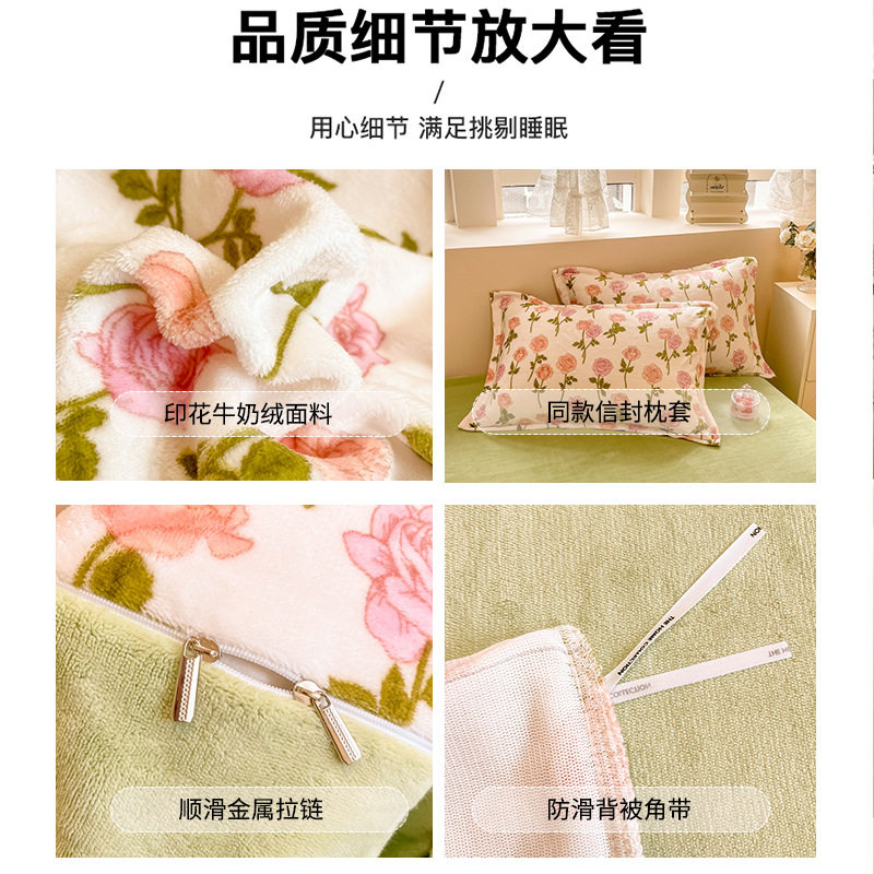 Class a Printed Milk Velvet Four-Piece Set Thickeneded Warm Velvet Set Quilt Cover Fleece-Lined Bed Four-Piece Set Nantong Home Textiles