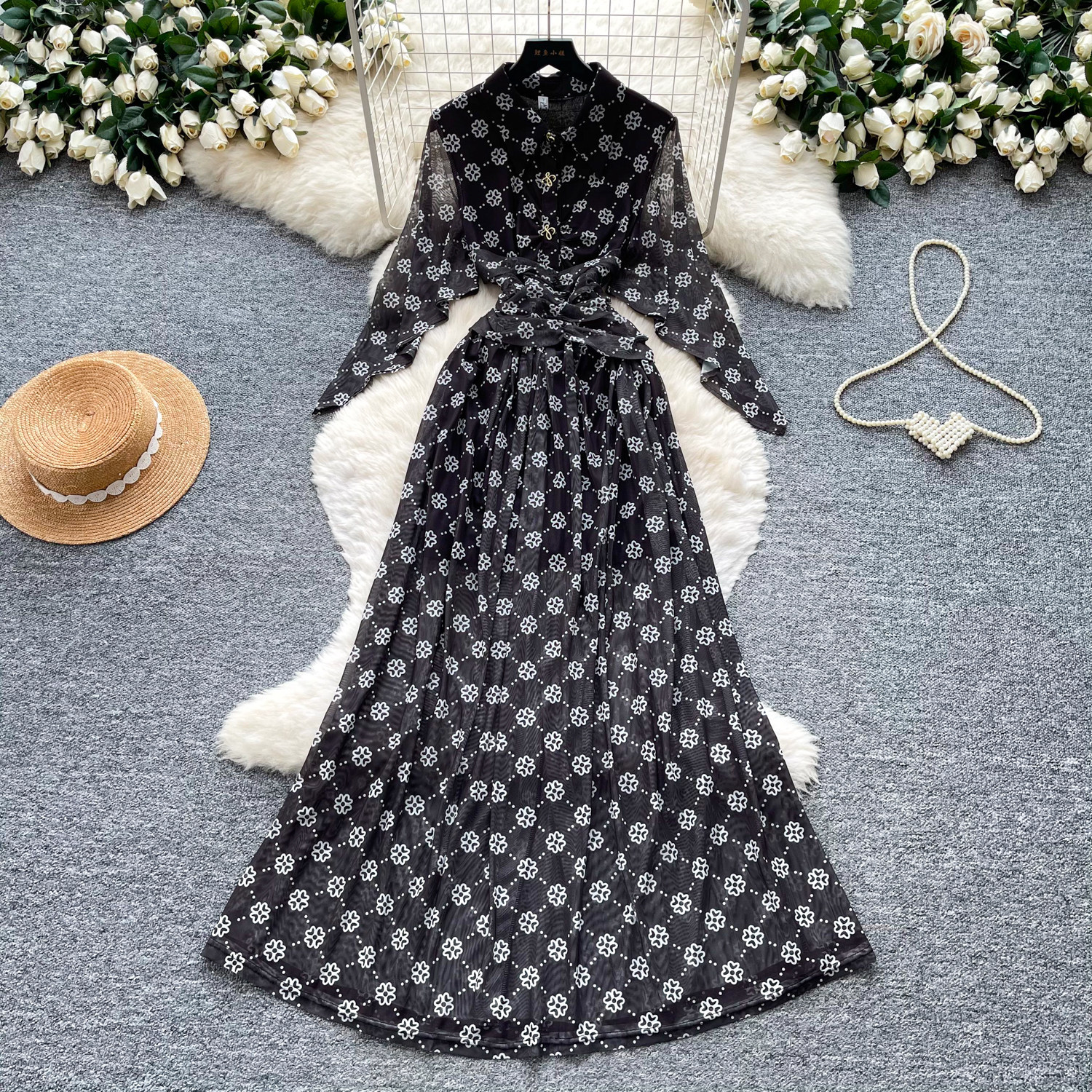 Vintage Polka Dot Maxi Dress for Women Red High Waisted Belted Slim Fit Floral Print Elegant Summer Style