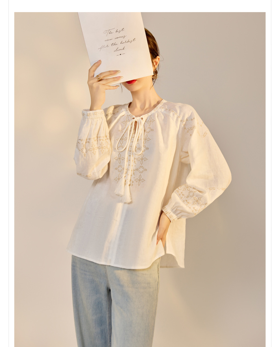 Áo sơ mi nữ linen dài tay thêu họa tiết dáng rộng — Màu trắng be, Màu xanh đậm, Màu xanh lam nhạt