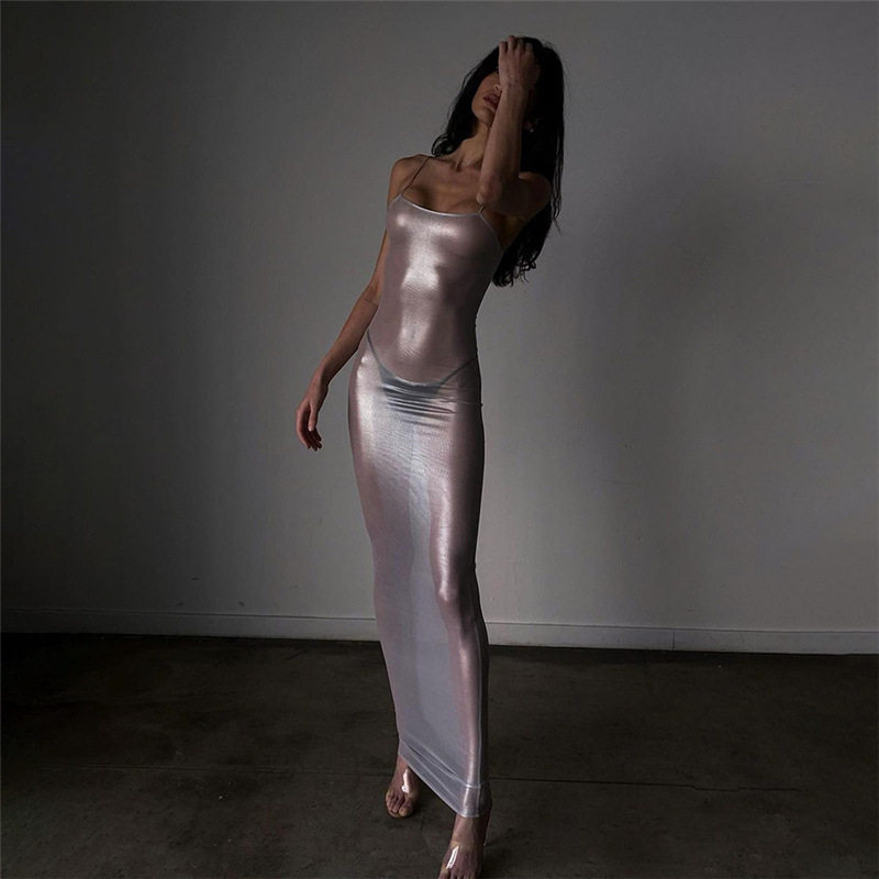 Sexy Sheer Bodycon Dress Silver Foil Detailing Spaghetti Straps Trendy Nightclub Style Spring Summer Collection