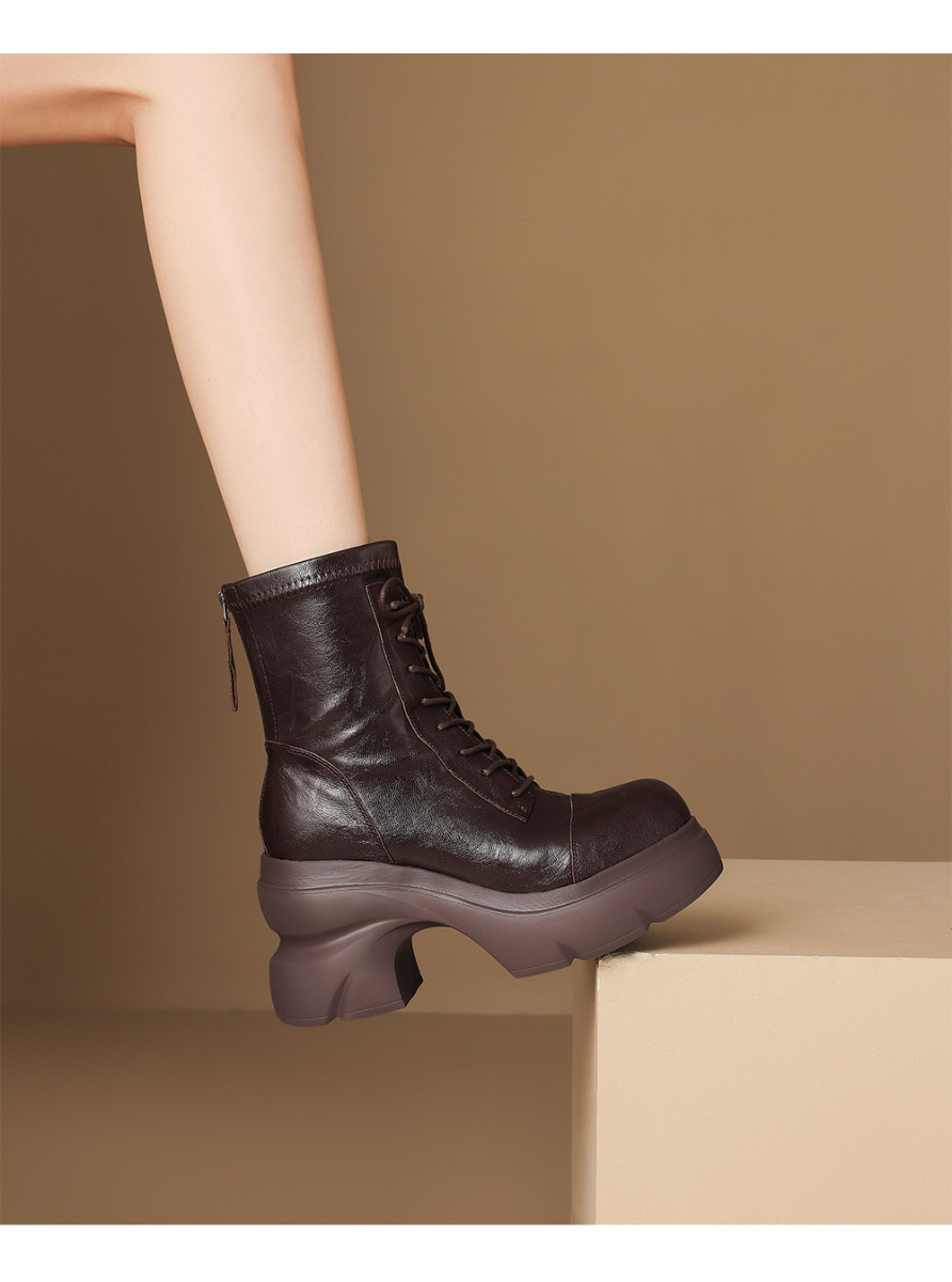 Boot nữ cổ thấp gót 10cm đế dày co giãn khóa kéo sau — Bảng màu nâu, Màu đen bên trong, Màu nâu., Trong danh sách đen