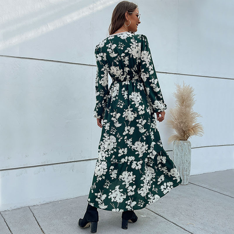 High End Womens Dress Green Floral Print V Neck Long Sleeve Spring Fall Fashion Wholesale Available