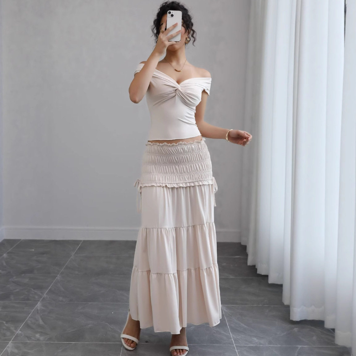 Summer Womens Two Piece Set Crop Top with Low Neckline Ruffled Skirt Chic French Style for Casual Outings Wholesale