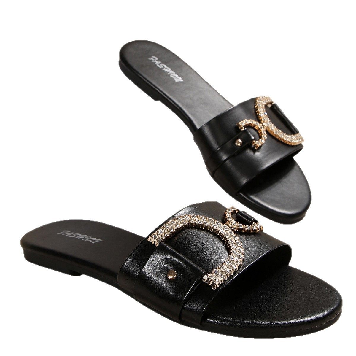 Cross-Border Women's Shoes Wholesale New Fashion Slippers Classic Temperament Versatile Solid Color Metal Decoration Round Toe Flat Sandals