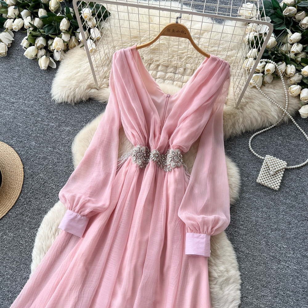 V Neck Lantern Sleeve Elegant Long Dress for Women with Waist Detail and Rhinestones in Red for Formal Occasions Wholesale