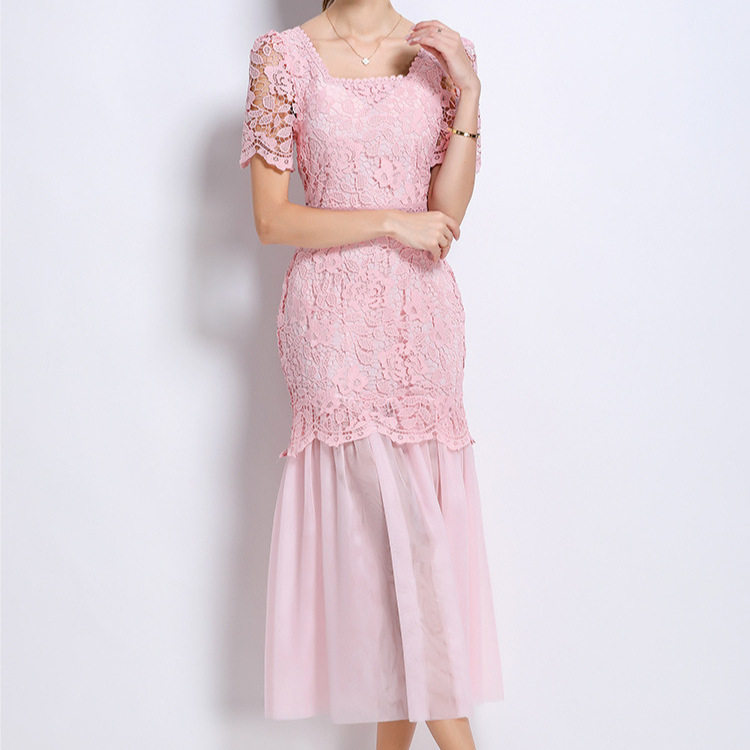 Elegant Summer Lace Square Neck Dress for Women High Quality Fabric Flowy Design Mesh Panel Perfect for Formal