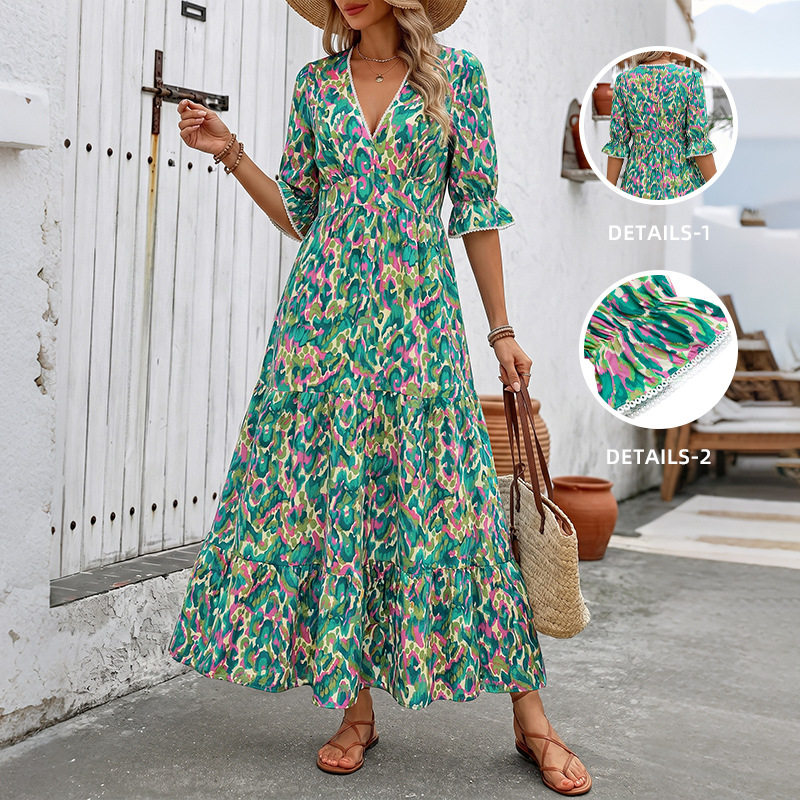 Abstract Print V Neck Midi Cake Dress Ethnic Style Short Sleeve Vacation Ready Wholesale Available