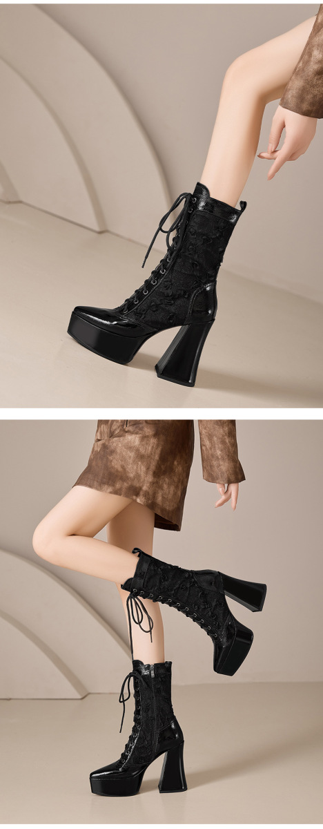 Boot nữ cao gót 12cm buộc dây phối ren đế dày cổ thấp — Da bò đen + lót nhung ren, Da bò đen + lót ren, Lớp lót bằng da bò màu đen