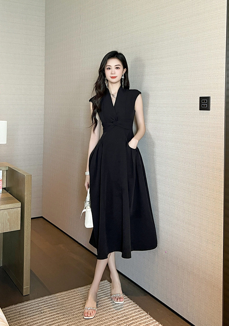 Đầm maxi nữ thắt eo cổ V tay ngắn có túi — [Đen] chi tiết 17