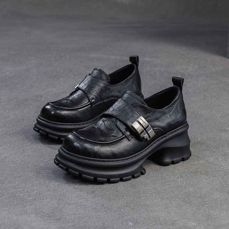 Giày Loafer Nữ Da Bóng Chiều Cao Đế Khoảng 5cm Phong Cách Hàn Quốc Màu Đen, Nâu