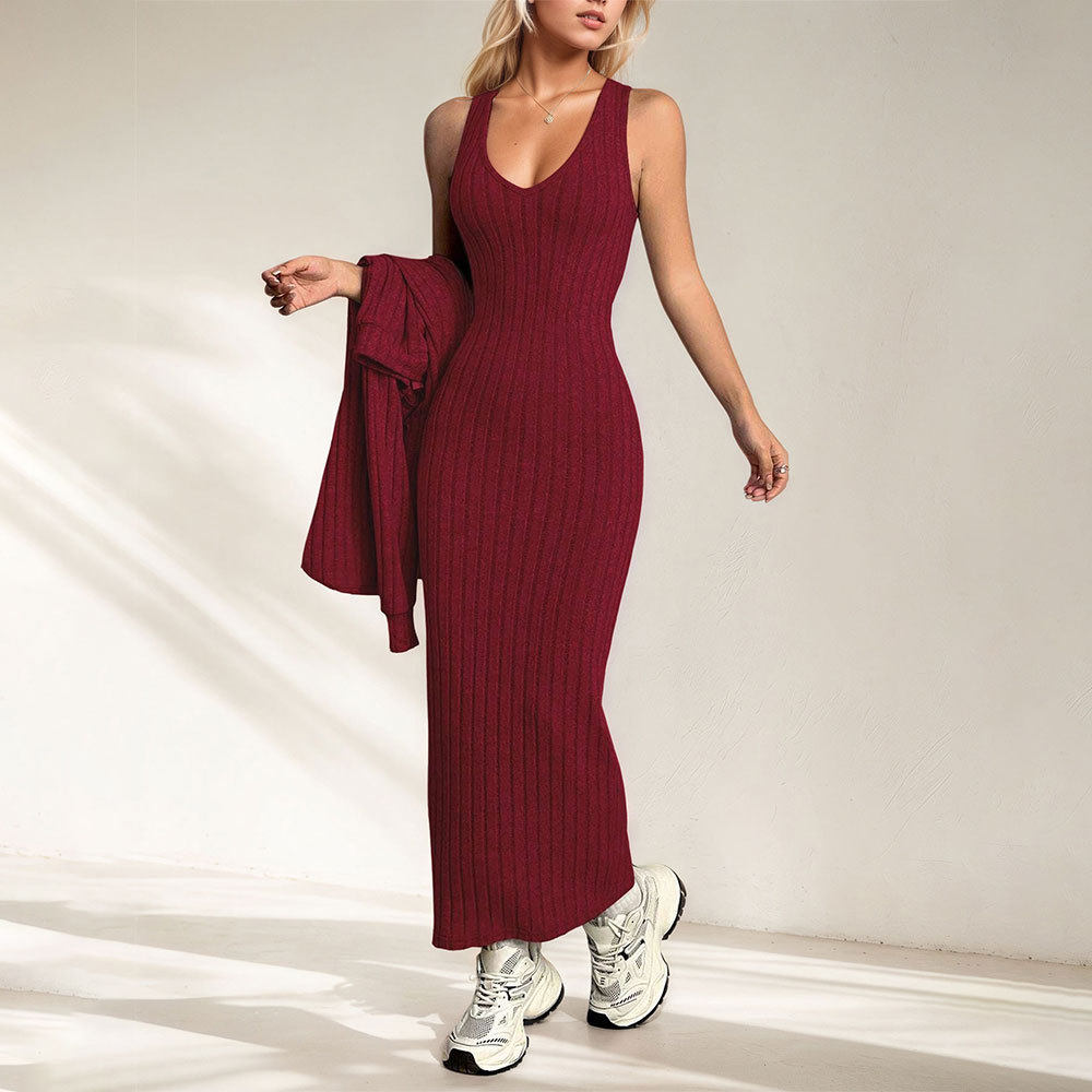Womens Solid Color Knit Two Piece Dress Set Elegant Commuter Style Perfect for Spring and Summer Wholesale Available