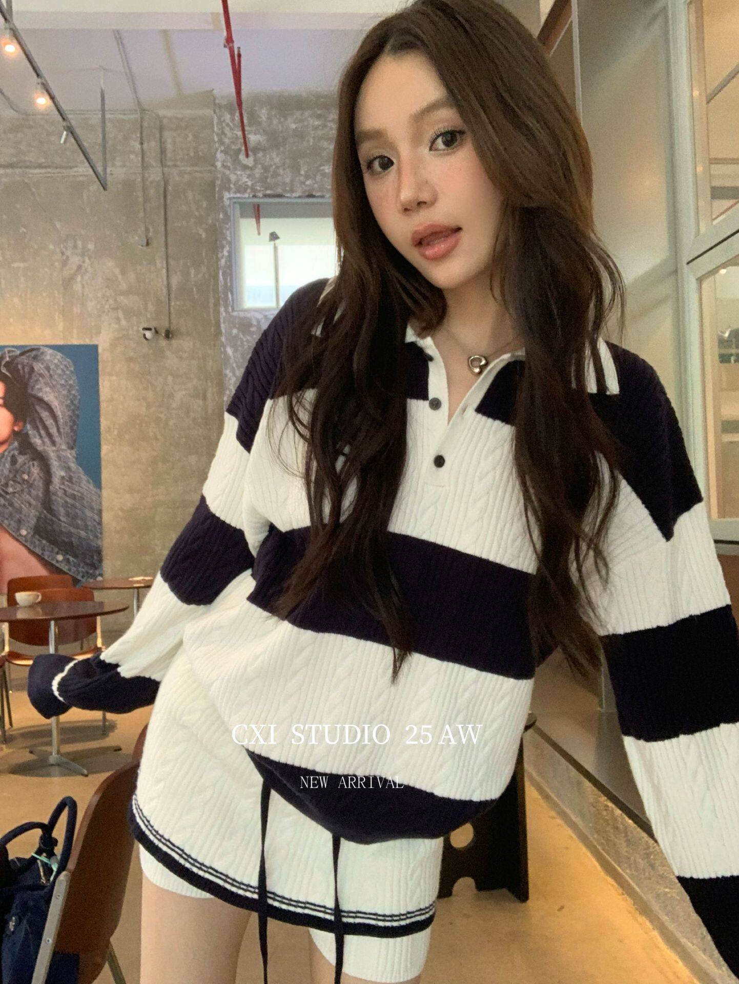 Cxi Contrast Color Stripe Lapel Knitted Sweater Suit Women's Autumn Korean Slim Fit Slimming Shorts Sweater Two-Piece Set
