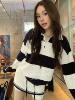 Cxi Contrast Color Stripe Lapel Knitted Sweater Suit Women's Autumn Korean Slim Fit Slimming Shorts Sweater Two-Piece Set
