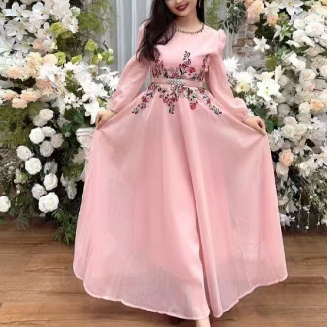 Embroidered Mesh Long Sleeve Dress Beaded Detail Elegant Style Autumn Fashion Wholesale Available