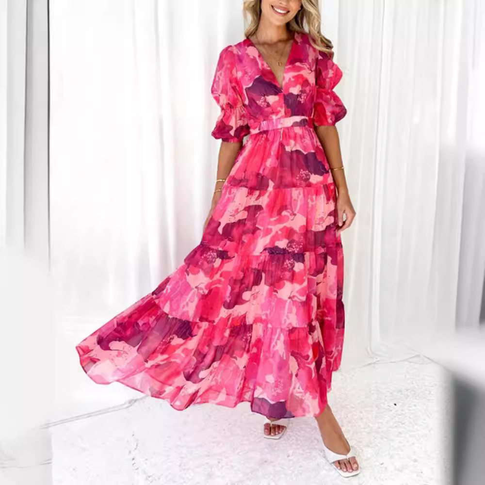 Floral Print V Neck Puff Sleeve Dress Waist Defining Summer Style Perfect for Casual Outings Wholesale Available