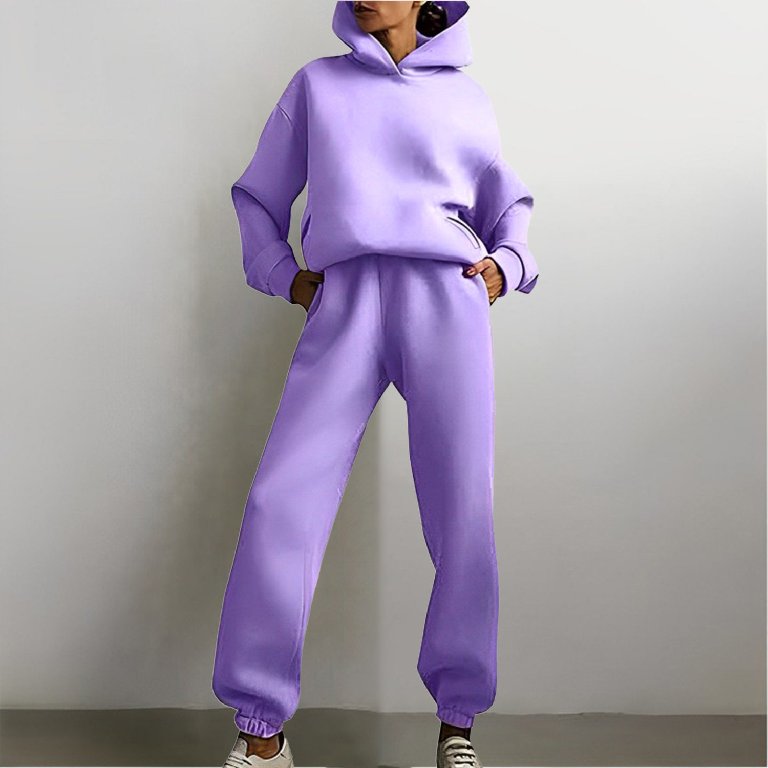 Hooded Sweatshirt and Pants Set for Women Solid Color Casual Outfit Spring Fashion