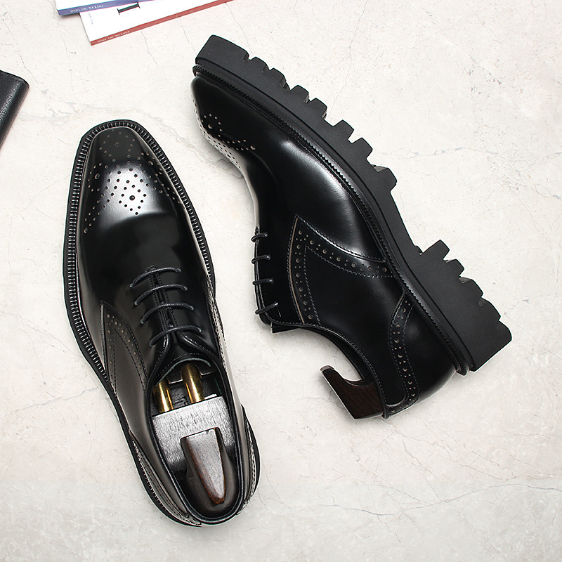 Giày da nam buộc dây đế dày họa tiết brogue mũi vuông — đen, màu
