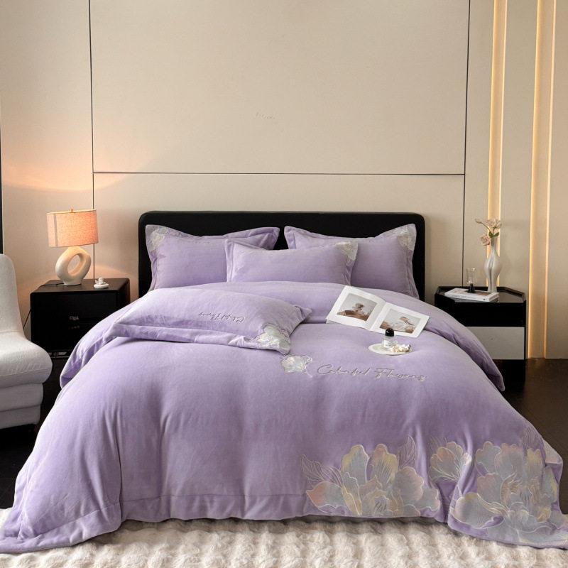 New Milk Velvet Embroider Technology Warm Winter Thickened Four-Piece Bedding Set Student Dormitory Three-Piece Set