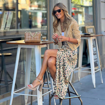 Cross-Border Women's Suede Motorcycle Jacket + Printed Pleated Skirt European and American Style Retro Handsome Slimming Look Two-Piece Set