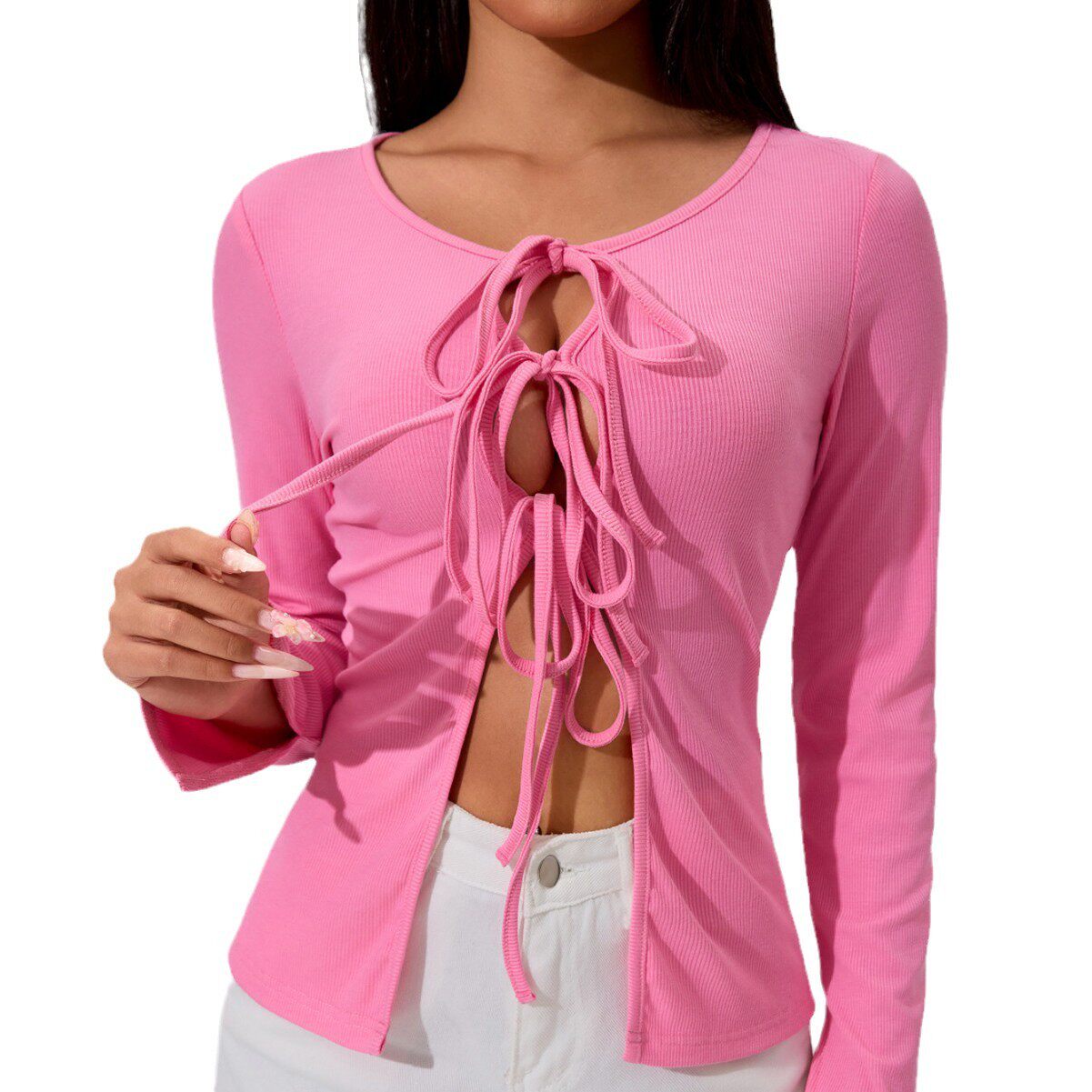 Womens Sexy Tie Front Cardigan T Shirt Elegant Design Spring Summer Style Vivid Fuchsia Color Wholesale Available